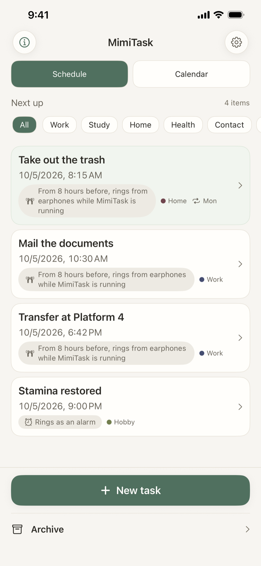 MimiTask home screen. Under “Next up”, four tasks are listed in time order: Take out the trash (Home, every Monday), Mail the documents (Work), Transfer at Platform 4 (Work), and Stamina restored (Hobby, alarm).
